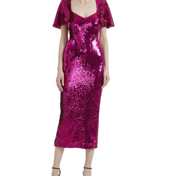 NEW Badgley Mischka Cerise Midi Stretch Sequined Capelet Cocktail Dress Fuchsia